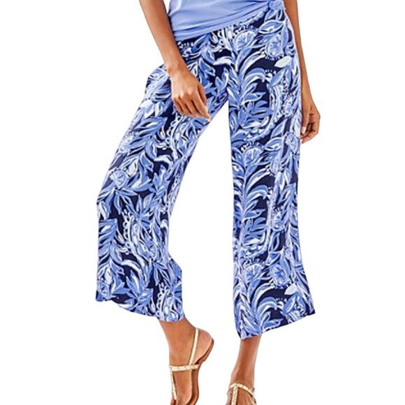 Lilly Pulitzer Avery Crop Pants High Tide You're The Zest Blue Floral Palazzo 4 - Picture 1 of 11